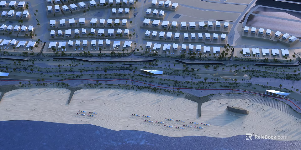 Sunny Coastal Scenery with Row of White Buildings Palm Trees Beach Umbrellas and Calm Sea 3d model 