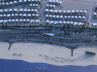 Sunny Coastal Scenery with Row of White Buildings Palm Trees Beach Umbrellas and Calm Sea 3d model