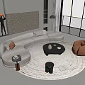 Modern Curved Sofa and Round Coffee Table Set with Woven Rug and Orange Accent Chair