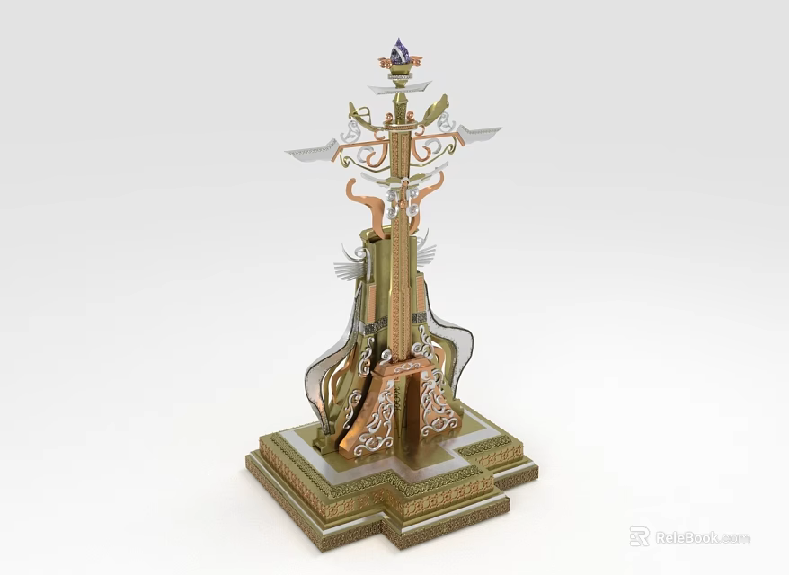 Elaborate Ornate Weapon Featuring Intricate Carvings Metallic Wings And Decorative Base 3d model 
