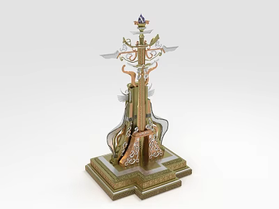 Elaborate Ornate Weapon Featuring Intricate Carvings Metallic Wings And Decorative Base 3d model