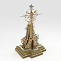 Elaborate Ornate Weapon Featuring Intricate Carvings Metallic Wings And Decorative Base