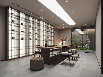 Zen Tea Room Interior Design With Lattice Screen Long Wooden Table And Green Plants 3d model