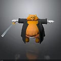 Plush Orange Cat Wearing Black Coat Arms Outstretched Holding Blue Sword Gray Background With Reflection