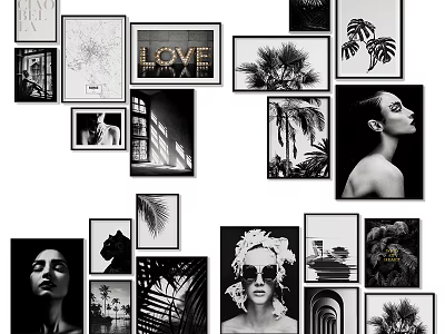 Black and White Photo Wall with Portrait Plants LOVE Typography and Artistic Decor 3d model