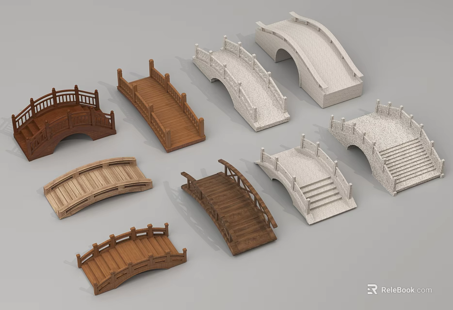Various Landscape Bridges With Wooden And Stone Designs Featuring Railings And Steps 3d model 