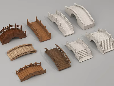 Various Landscape Bridges With Wooden And Stone Designs Featuring Railings And Steps 3d model