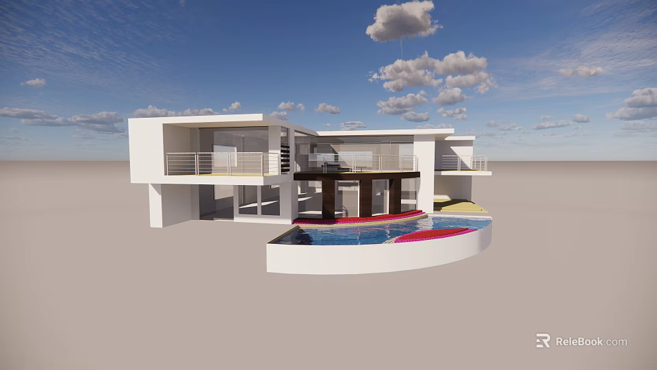 Modern Detached Villa With White Exterior Large Windows Swimming Pool And Balcony Railings 3d model 