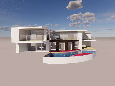 Modern Detached Villa With White Exterior Large Windows Swimming Pool And Balcony Railings 3d model