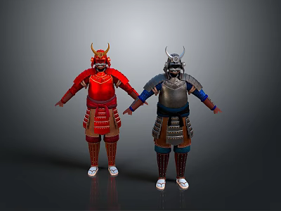 Men Wearing Red and Silver Traditional Samurai Armor Standing Full Body 3d model