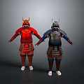 Men Wearing Red and Silver Traditional Samurai Armor Standing Full Body