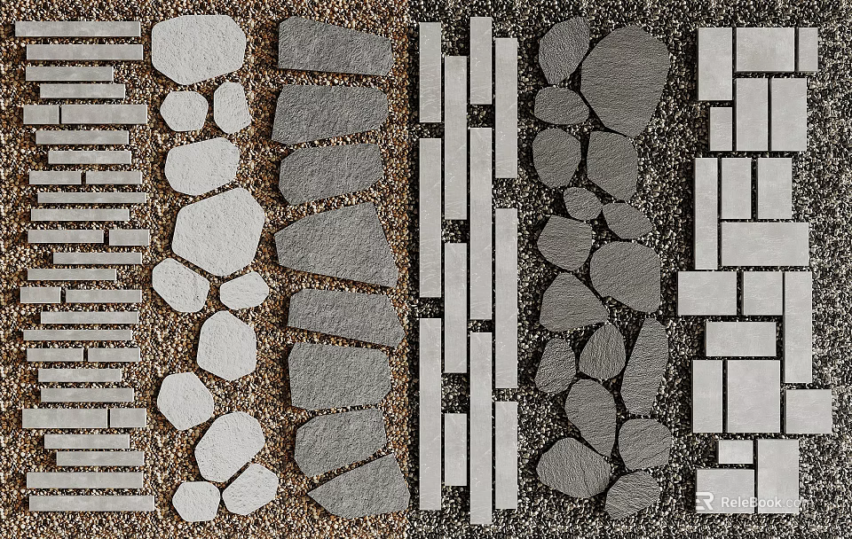 Stone and Wood Decorative Tiles and Planks with Various Shapes Textures and Patterns 3d model 
