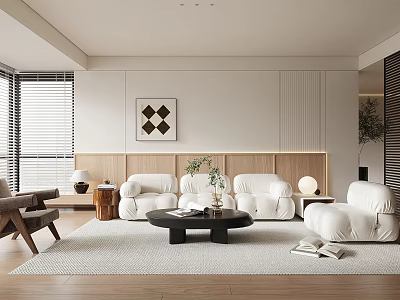 Modern Living Room Interior With White Sofas Black Coffee Table Area Rug And Wooden Floor 3d model