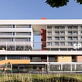 Modern School Building With Colorful Facade Sport Facility Greenery And Landscaped Lawn