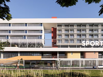 Modern School Building With Colorful Facade Sport Facility Greenery And Landscaped Lawn 3d model