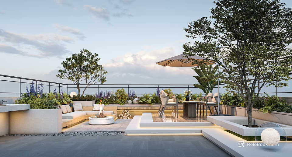 Modern Roof Terrace Garden With Outdoor Sofa Fire Pit Umbrella And Green Plants 3d model 