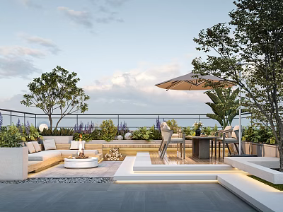 Modern Roof Terrace Garden With Outdoor Sofa Fire Pit Umbrella And Green Plants 3d model