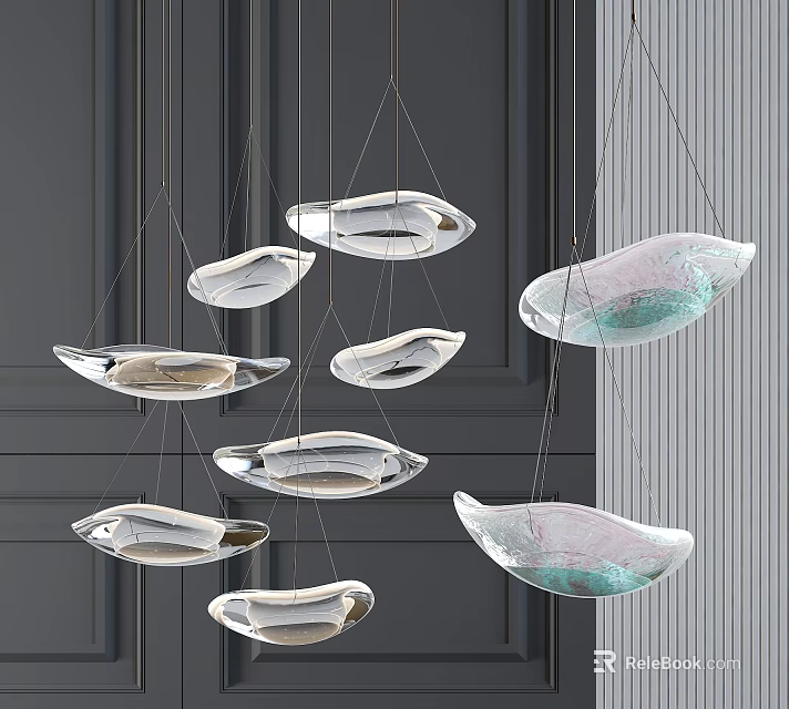 Modern Multiple Leaf Shaped Glass Chandeliers Hanging Against Dark Wall 3d model