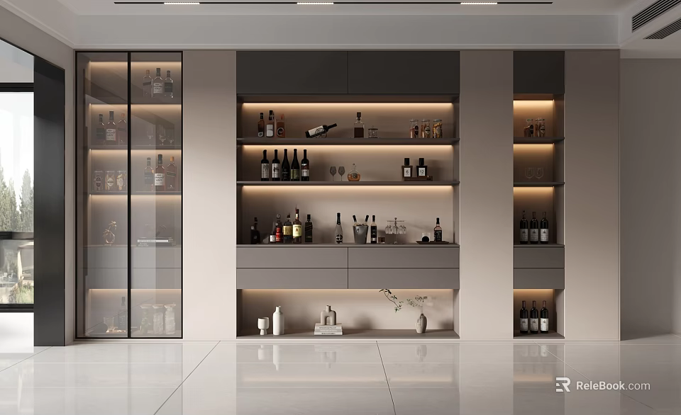 Modern Wine Cabinet Design With Glass Doors Layered Shelves Built-in Lighting And Wine Bottles 3d model 
