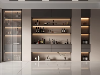 Modern Wine Cabinet Design With Glass Doors Layered Shelves Built-in Lighting And Wine Bottles 3d model