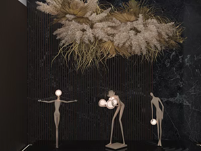 Modern Decorative Figurine Set with Human Shaped Figurines Spherical Lights and Natural Hay Accents 3d model