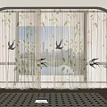 Light Fabric Curtain With Blue Swallow And Green Leaf Patterns In Arch Frame