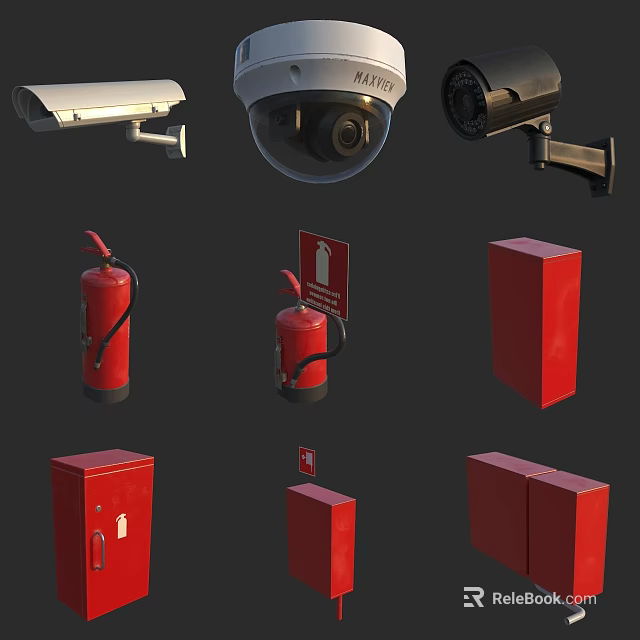 Essential Fire Safety Equipment with Fire Extinguishers Hydrant Cabinets and Signs 3d model 