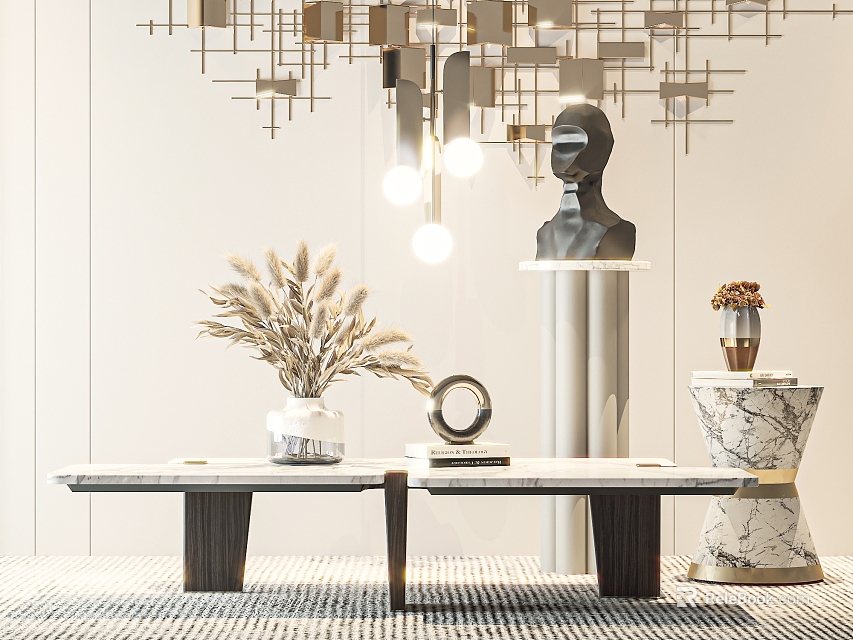 Modern Elegant Coffee Table With Marble Top Pampas Grass Vase And Bust Sculpture 3d model 