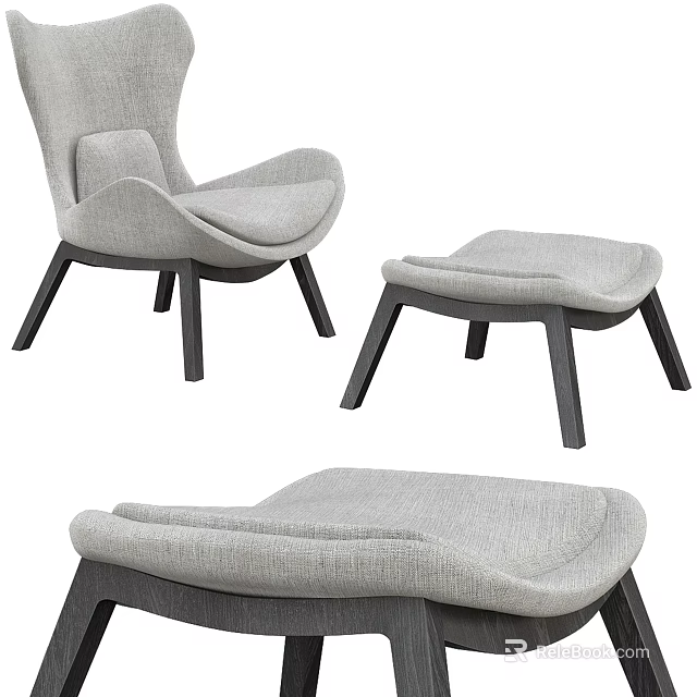 Modern Gray Fabric Armchair With Matching Ottoman And Dark Wooden Legs 3d model 