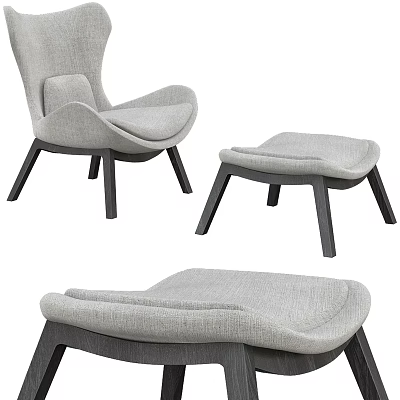 Modern Gray Fabric Armchair With Matching Ottoman And Dark Wooden Legs 3d model