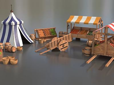 Fruit Shop With Wooden Carts Striped Stalls And Fresh Fruits In Baskets Barrels 3d model Fruit Shop With Wooden Carts Striped Stalls And Fresh Fruits In Baskets Barrels 3d model