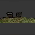 Dilapidated Wall With Two Window Frames Peeling Paint And Grass At Base