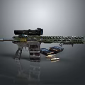 Modern Tactical Rifle With Scope Camouflage Design And Bullets On Reflective Surface 3d model