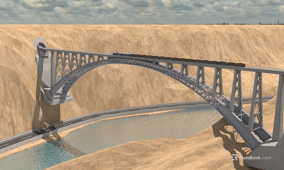 Steel Arch Bridge Spanning River in Arid Mountainous Landscape With Metal Framework 3d model 