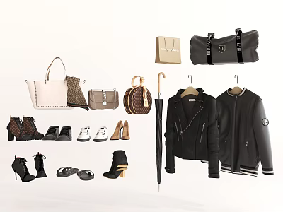 Stylish Black Jackets And Bomber Jackets With Bags Shoes And Umbrella 3d model