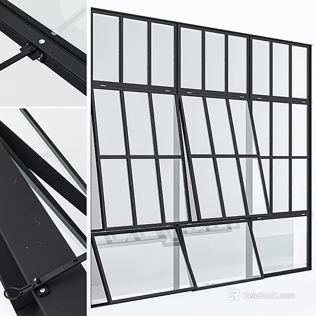 Casement Windows With Black Frame Clear Glass Grid Design And Hinged Sashes 3d model 