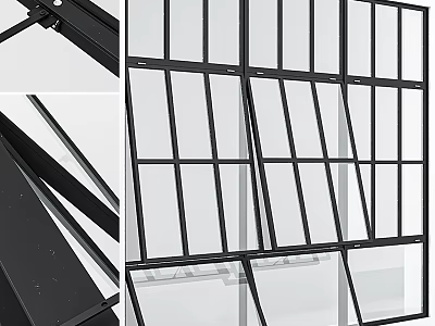 Casement Windows With Black Frame Clear Glass Grid Design And Hinged Sashes 3d model