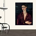 Figure Portrait Painting of Woman in Dark Red Robe With Red Trim and Wavy Background
