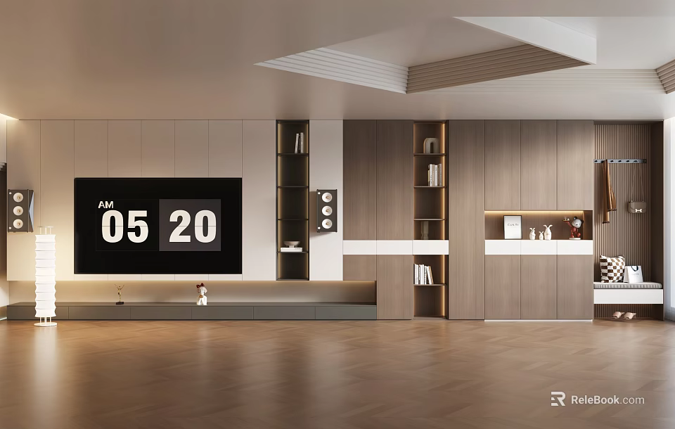 Modern Wooden TV Stand With Flat Screen TV And Storage Shelves In Living Room 3d model 
