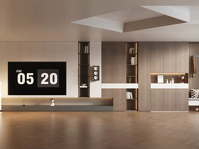 Modern Wooden TV Stand With Flat Screen TV And Storage Shelves In Living Room 3d model
