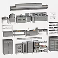 Various Commercial Kitchen Appliances Including Stoves Ovens Refrigerators Shelves And Hoods