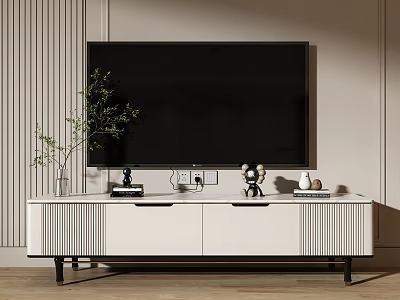 Modern White TV Stand With Green Plant Vase Decorative Sculptures And Storage Drawers 3d model