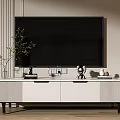 Modern White TV Stand With Green Plant Vase Decorative Sculptures And Storage Drawers