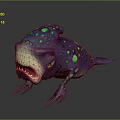 Fantasy Lizard Like Creature Purple Body Green Yellow Spots Sharp Teeth Open Mouth Green Eyes