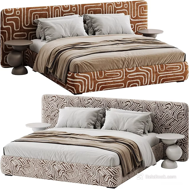 Stylish Geometric Pattern Upholstered Double Bed With Soft Bedding And Matching Round Bedside Tables 3d model 