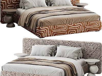 Stylish Geometric Pattern Upholstered Double Bed With Soft Bedding And Matching Round Bedside Tables 3d model
