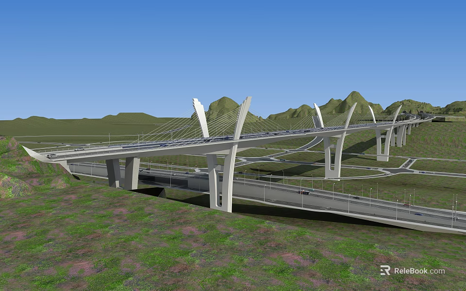 Modern Cable Stayed Bridge Structure With Green Hills And Blue Sky Landscape 3d model 