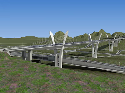 Modern Cable Stayed Bridge Structure With Green Hills And Blue Sky Landscape 3d model