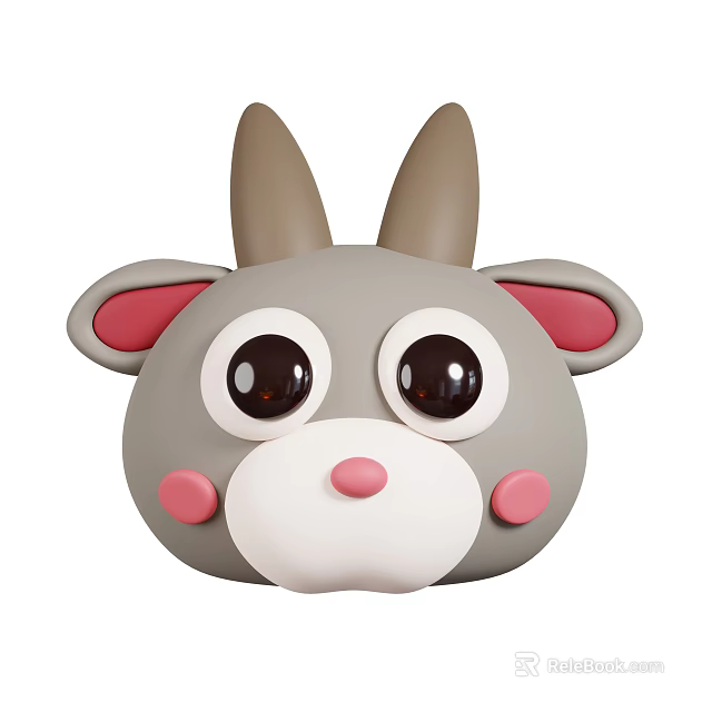 Cute Gray Rabbit Head Plush Toy With Brown Ears Big Eyes And Pink Cheeks 3d model 