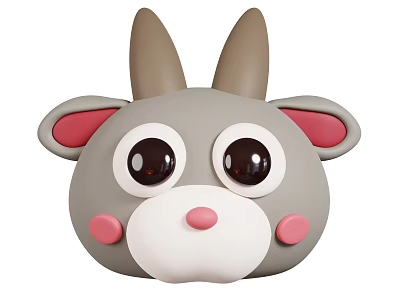 Cute Gray Rabbit Head Plush Toy With Brown Ears Big Eyes And Pink Cheeks 3d model